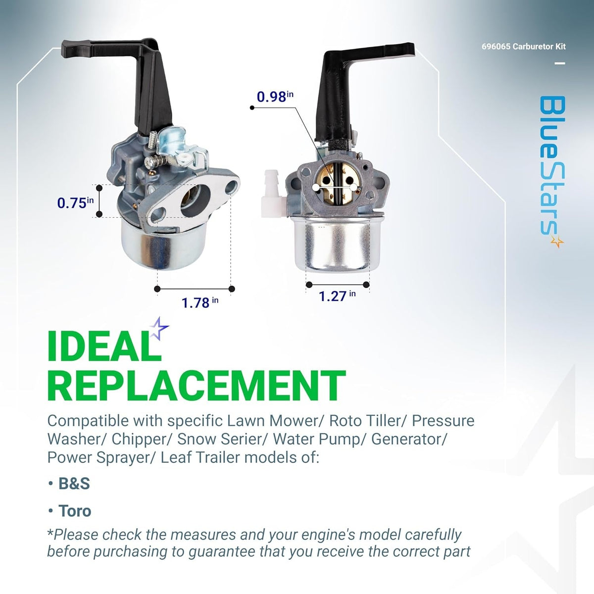 696065 697422 carburetor replacement with dimension labels for tiller and generator engines.