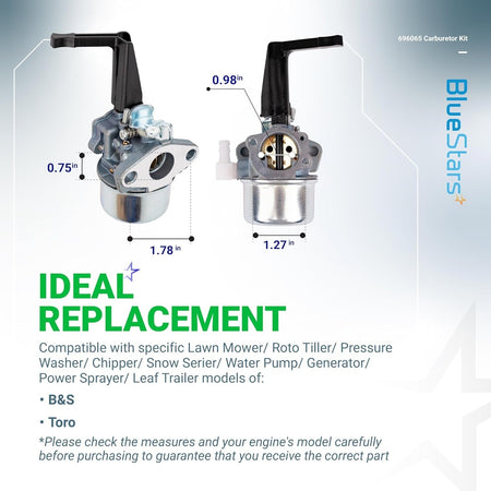 696065 697422 carburetor replacement with dimension labels for tiller and generator engines.