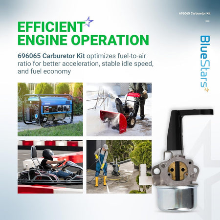 696065 carburetor replacement part shown with application examples for generators, snow blowers, and small engines.