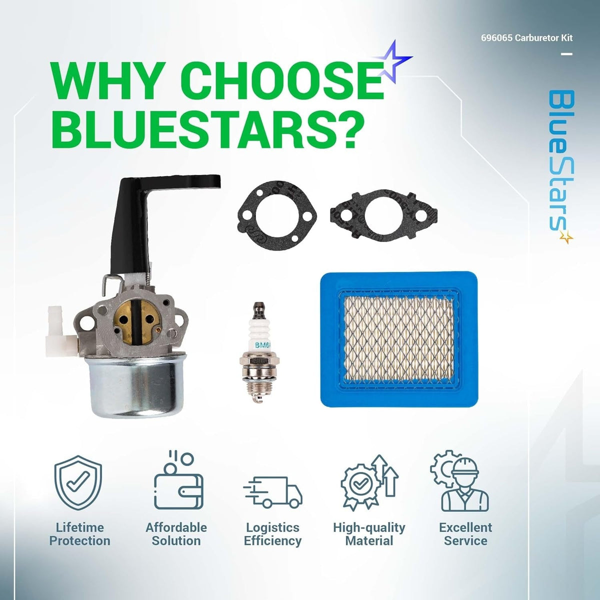 BlueStars 696065 carburetor kit including gaskets, spark plug, and flat air filter for tiller and generator engines.
