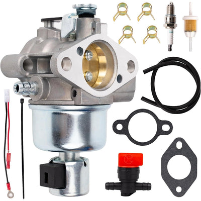 L110 CV15S carburetor replacement kit with gaskets, fuel filter, spark plug, and fuel shut-off valve for lawn mowers.