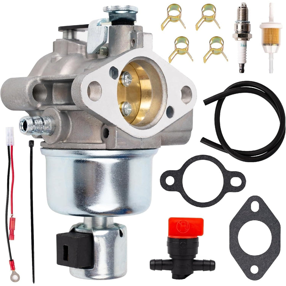 L110 CV15S carburetor replacement kit with gaskets, fuel filter, spark plug, and fuel shut-off valve for lawn mowers.
