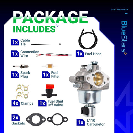 L110 CV15S carburetor kit components including carburetor, fuel filter, spark plug, gaskets, and fuel line accessories.