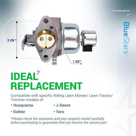 L110 CV15S carburetor replacement part with 2.05-inch and 1.02-inch dimension measurements for lawn mower engines.