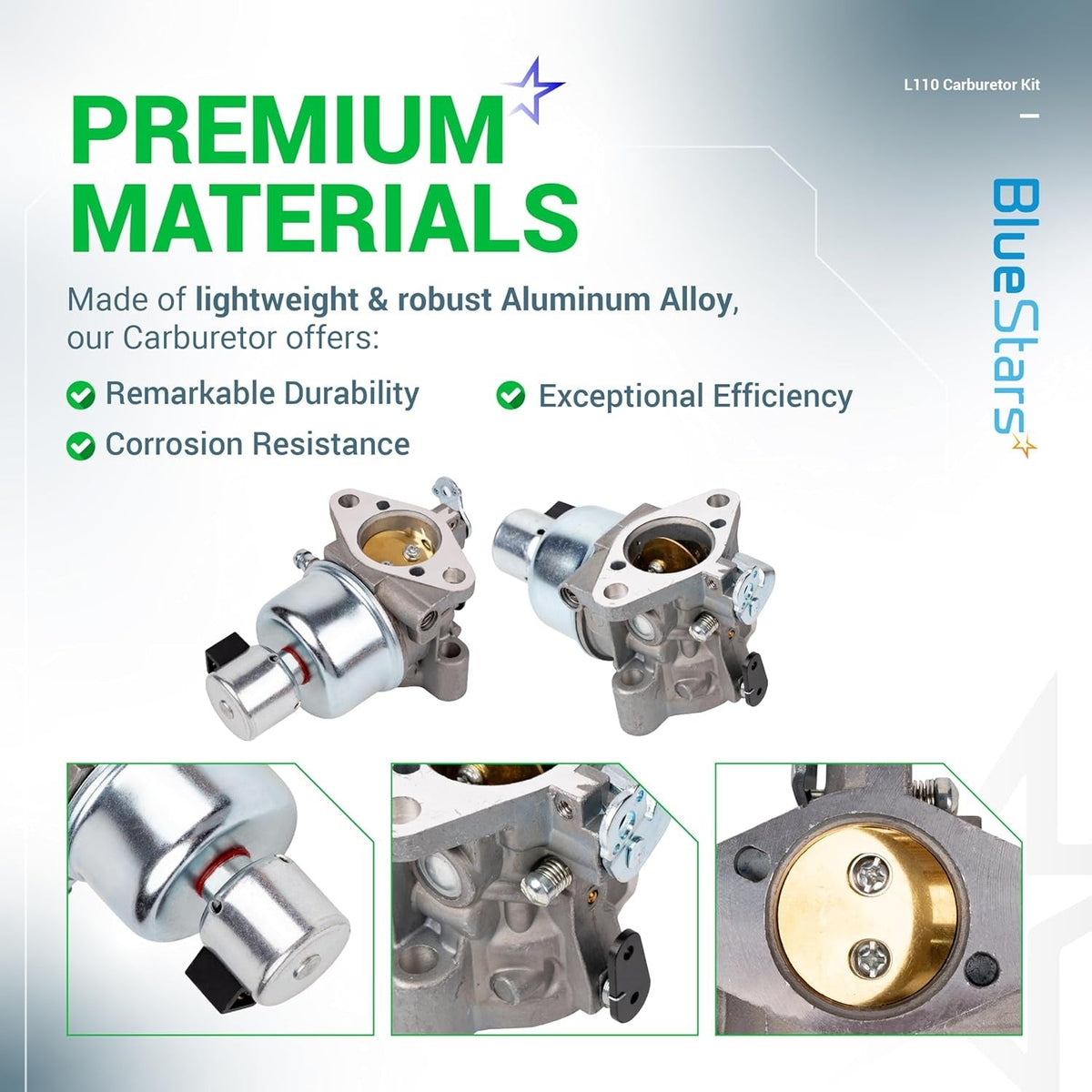 L110 CV15S carburetor kit featuring aluminum alloy construction with detailed close-up views of components.