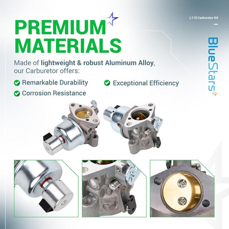 L110 CV15S carburetor kit featuring aluminum alloy construction with detailed close-up views of components.