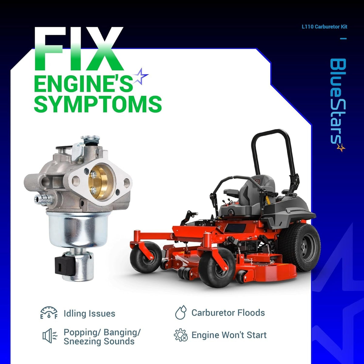 L110 CV15S carburetor replacement kit shown with a lawn mower to illustrate engine symptom fixes.