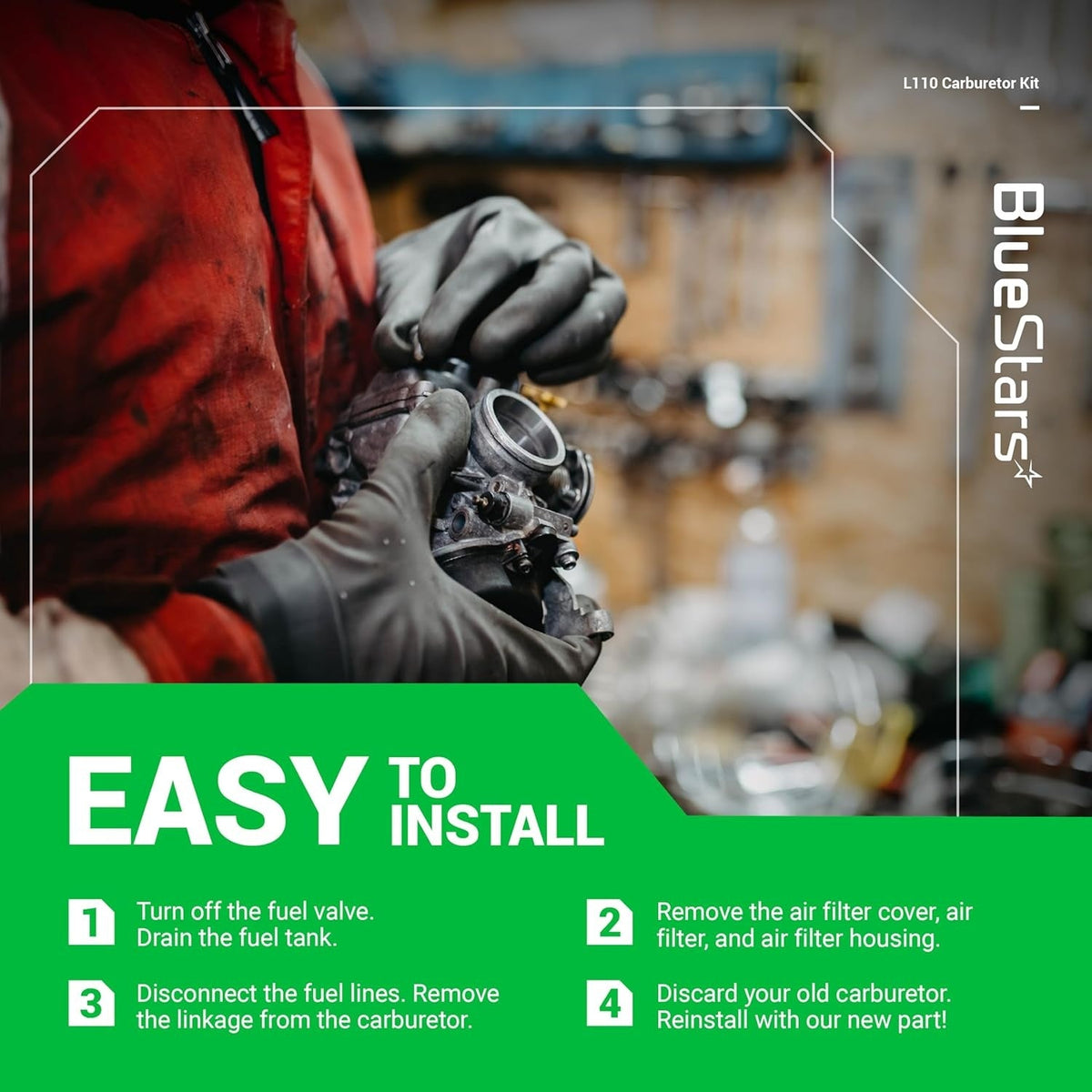 Mechanic holding a replacement L110 CV15S carburetor with easy installation instructions for lawn mower repair.