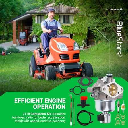 L110 CV15S carburetor kit including gaskets, fuel filter, and spark plug for John Deere and Husqvarna lawn mowers.