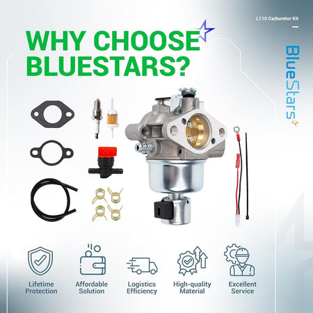 L110 CV15S carburetor replacement kit with gaskets, fuel filter, spark plug, and fuel shut-off valve for lawn mowers.