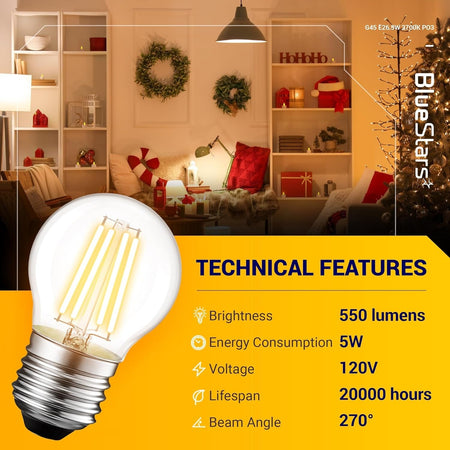 G45 E26 Edison LED filament globe bulb with technical specifications chart and warm holiday room background.