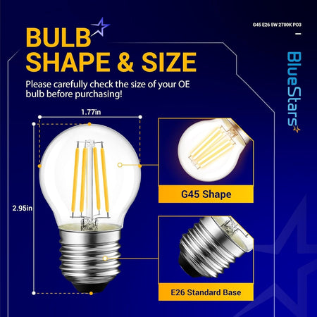 Infographic showing G45 LED filament bulb dimensions, shape, and E26 base specifications.