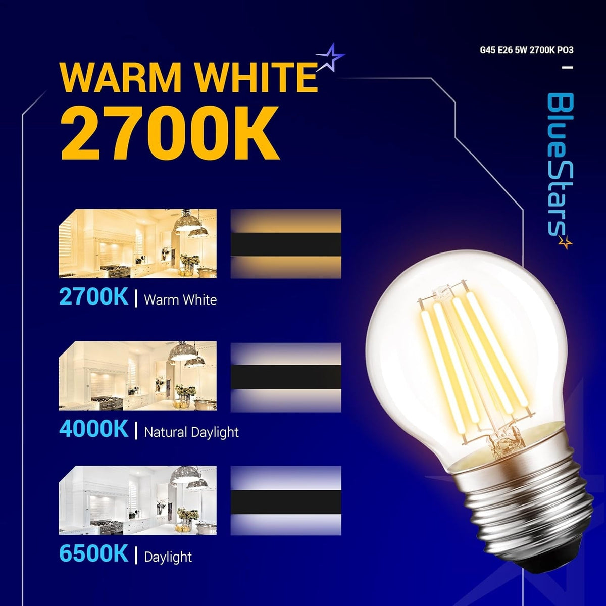G45 E26 Edison LED filament globe bulb with 2700K warm white light color temperature chart.