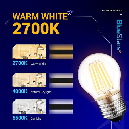 G45 E26 Edison LED filament globe bulb with 2700K warm white light color temperature chart.