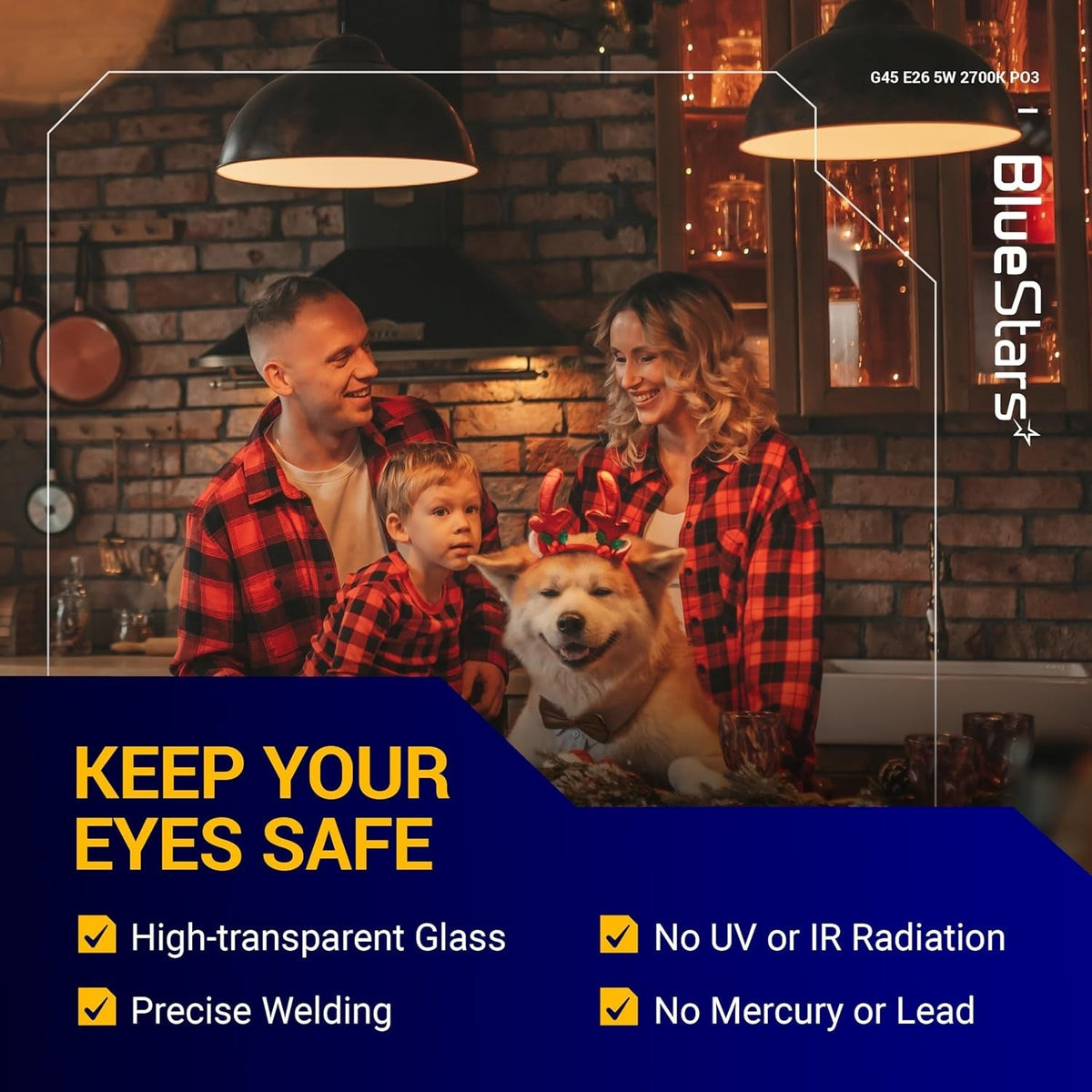 BlueStars G45 E26 5W LED Edison globe bulb lifestyle advertisement featuring a family in a warm-lit kitchen.