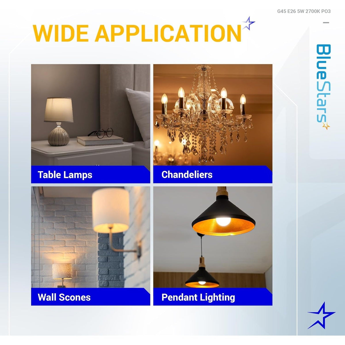 Collage showing G45 E26 LED filament bulbs used in table lamps, chandeliers, wall sconces, and pendant lighting.