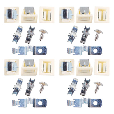 Four sets of appliance door latch components including plastic catches, metal clips, and screws for dryer repair.