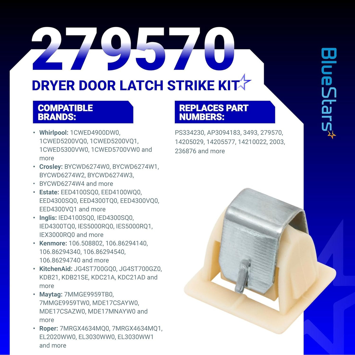 Infographic showing 279570 dryer door latch strike kit compatibility and replacement part numbers.