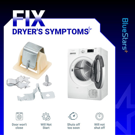 Appliance door latch kit components and dryer symptom guide for Whirlpool, GE, and Kenmore dryers.
