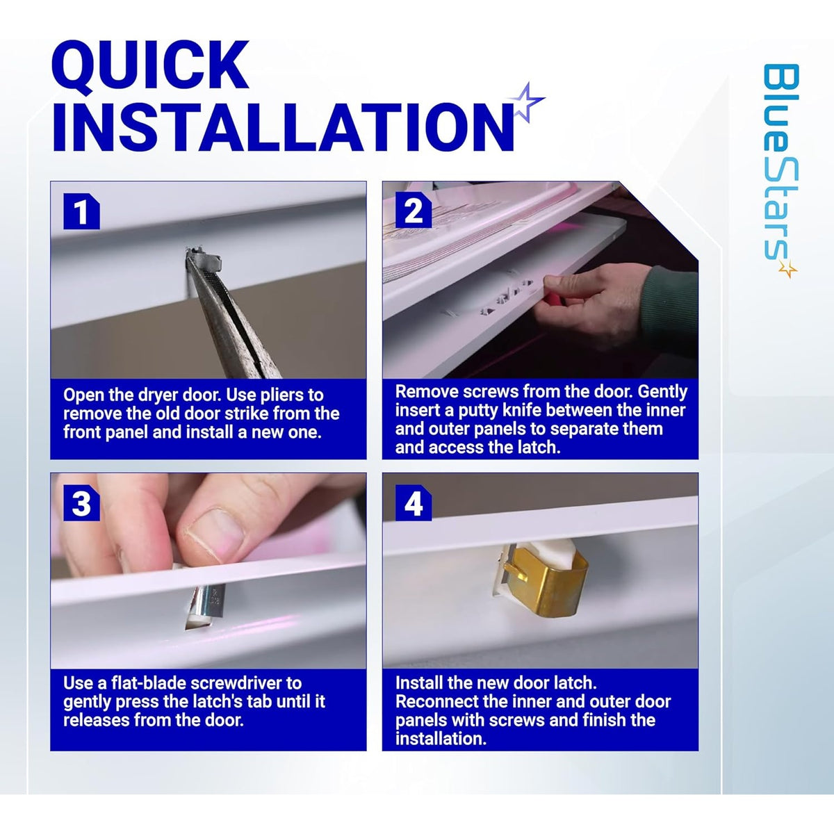 Four-step instructional guide for installing a dryer door latch kit on compatible GE, Whirlpool, and Kenmore appliances.