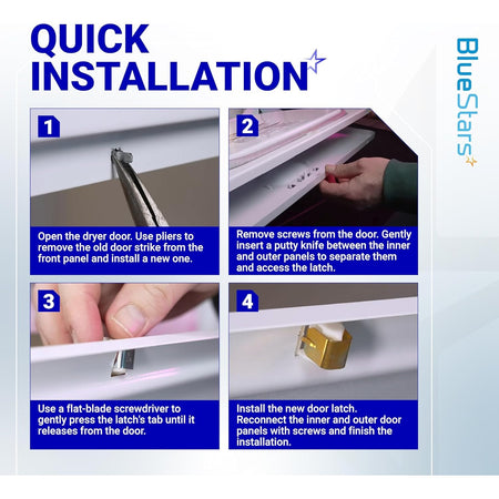 Four-step instructional guide for installing a dryer door latch kit on compatible GE, Whirlpool, and Kenmore appliances.