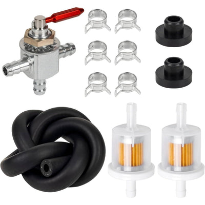 1-633347 cut-off fuel valve kit with 1/4" barb valve, fuel filters, rubber fuel line, hose clamps, and grommets.