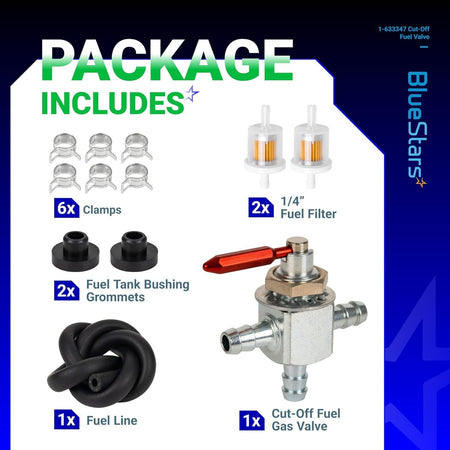 Package contents for 1-633347 fuel valve kit including cut-off valve, fuel filters, clamps, bushings, and fuel line.