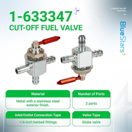 Two 1-633347 cut-off fuel valves with red handles and 1/4-inch barbed fittings for Scag, Exmark, and Husqvarna mowers.