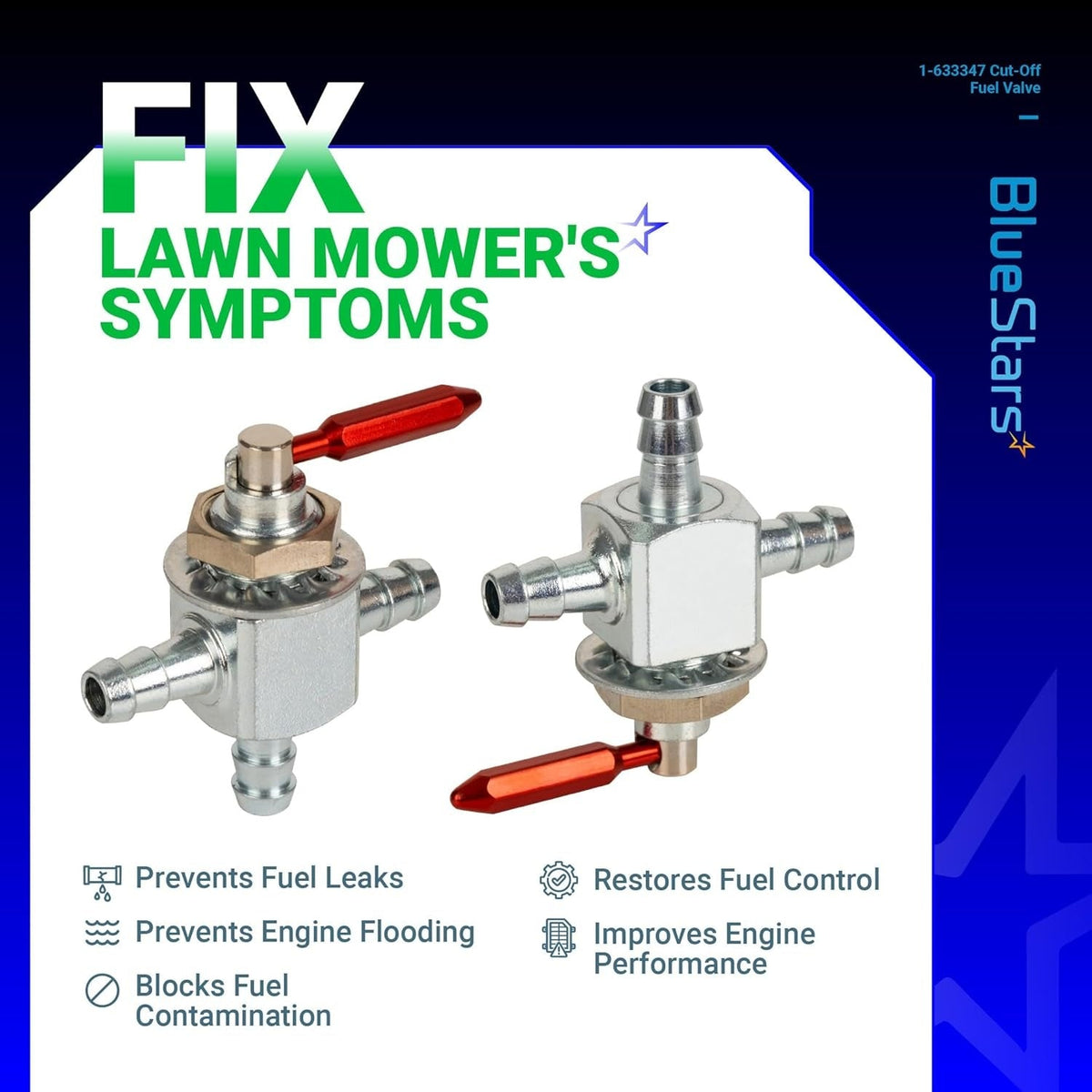 Two 1-633347 steel 2-way cut-off fuel valves with red handles and 1/4 inch barbs for lawn mower fuel systems.