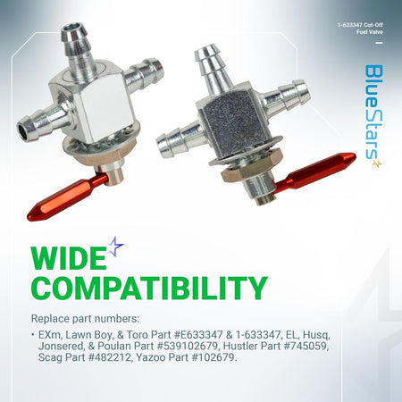 Two 1-633347 steel 2-way 1/4 inch fuel cut-off valves with red handles for Scag, Exmark, and Husqvarna equipment.