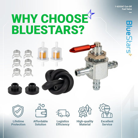 1-633347 cut-off fuel valve kit with 2-way 1/4" barb petcock, fuel filters, hose, and clamps for Scag and Exmark mowers.
