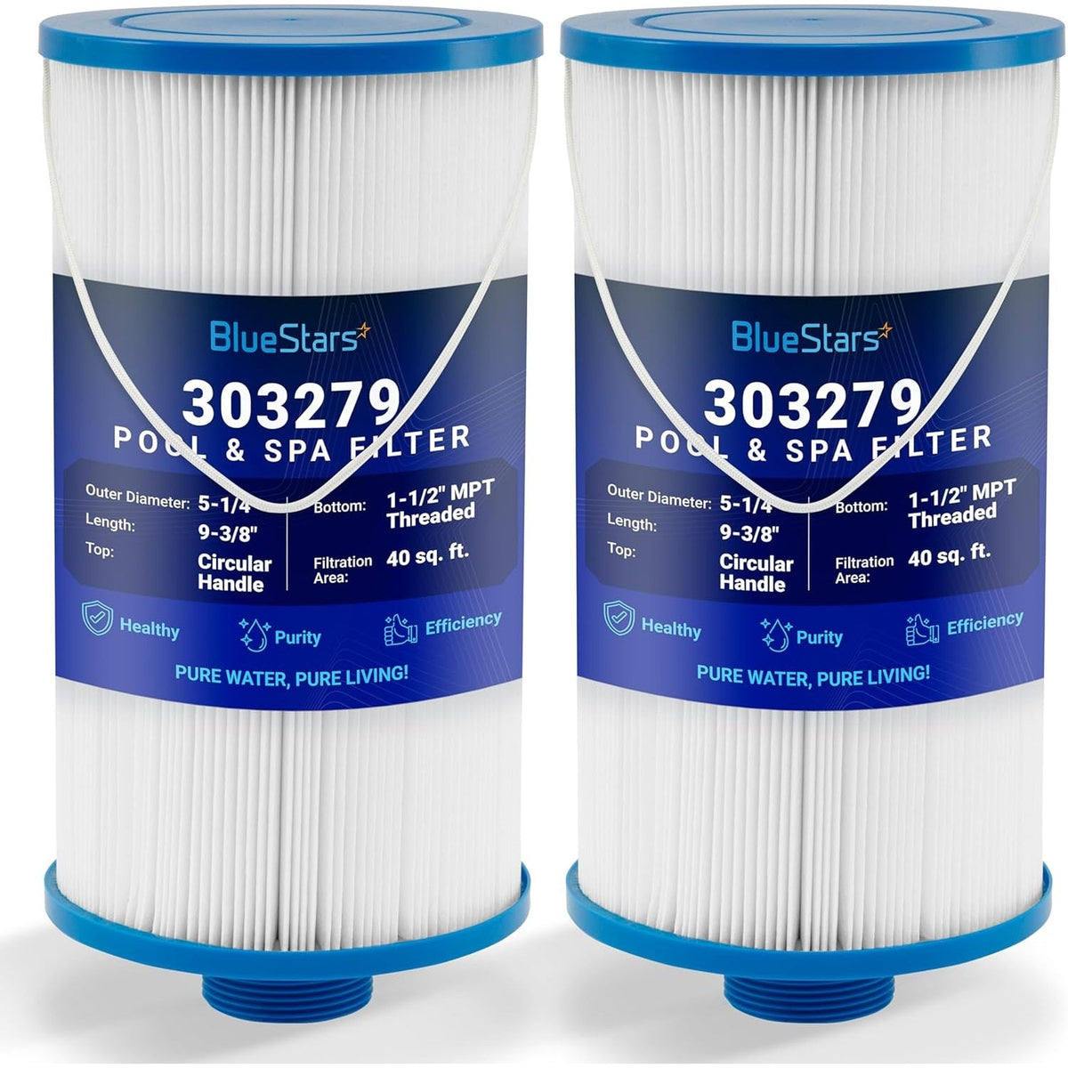 Two BlueStars 303279 hot tub spa replacement filters with 1-1/2 inch MPT threaded bottom and circular handle top.