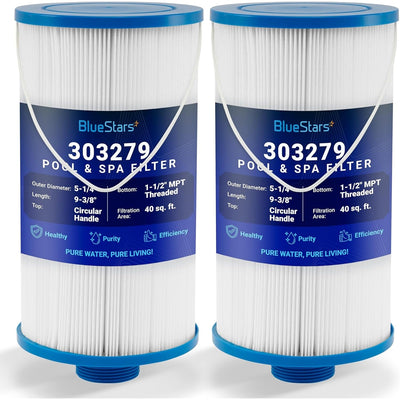 Two BlueStars 303279 hot tub spa replacement filters with 1-1/2 inch MPT threaded bottom and circular handle top.