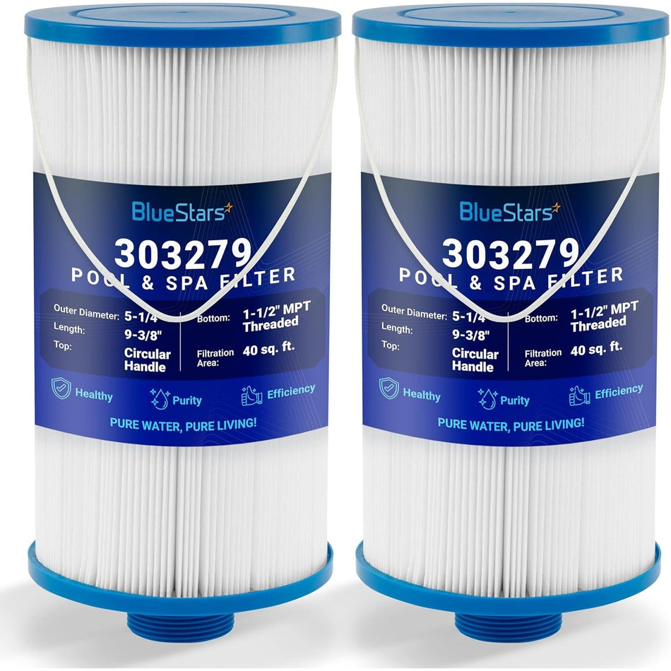 Two BlueStars 303279 hot tub spa replacement filters with 1-1/2 inch MPT threaded bottom and circular handle top.