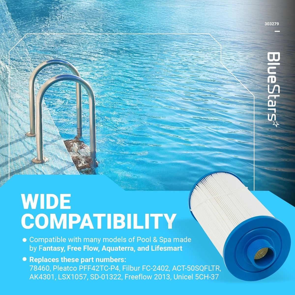 FC-2402 hot tub spa filter replacement graphic showing compatibility with Lifesmart, Freeflow, and Aquaterra spas.