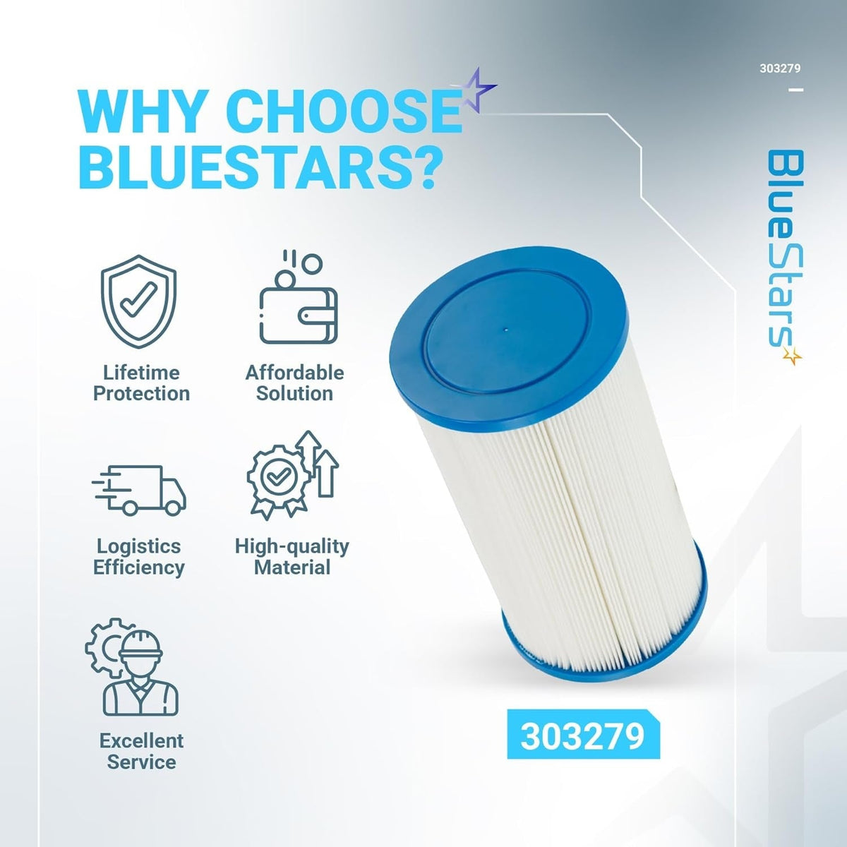 BlueStars 303279 hot tub spa filter replacement infographic showing product benefits and features.