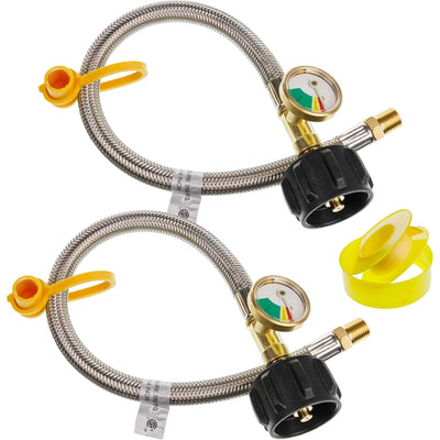 Two 15-inch stainless steel braided RV propane hoses with pressure gauges and QCC1 connectors.