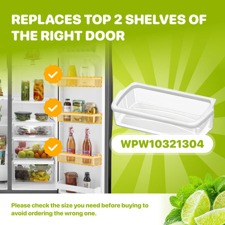 WPW10321304 Refrigerator Cantilever Door Shelf Bin promotional graphic showing bin beside refrigerator right-door shelves