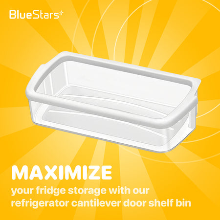 WPW10321304 refrigerator cantilever door shelf bin shown against a yellow promotional background