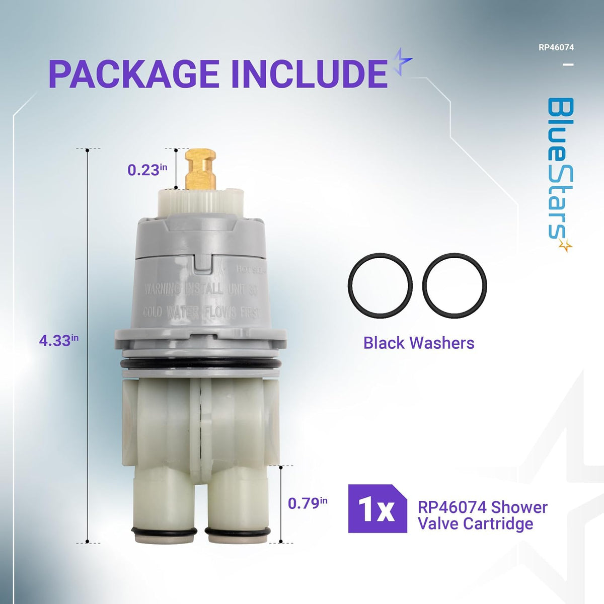RP46074 shower valve cartridge with dimensions and two black washers included.