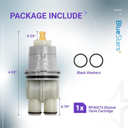 RP46074 shower valve cartridge with dimensions and two black washers included.