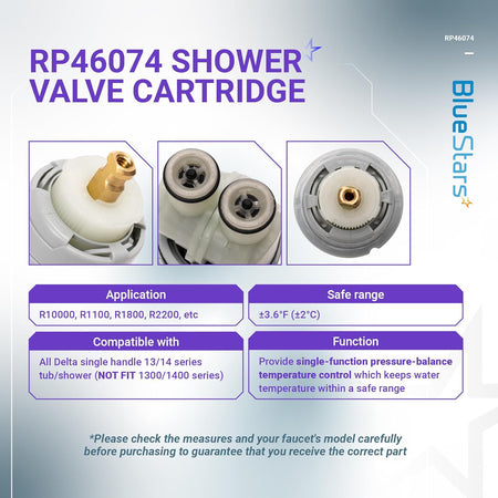 RP46074 shower valve cartridge showing multiple angles and technical specifications for Delta 13/14 series faucets.