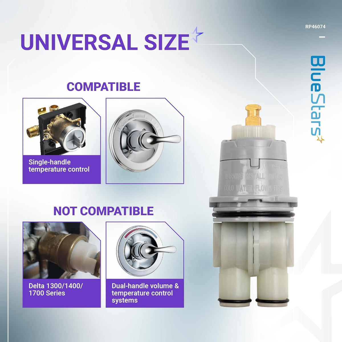 RP46074 shower valve cartridge replacement part showing compatibility and installation guide.