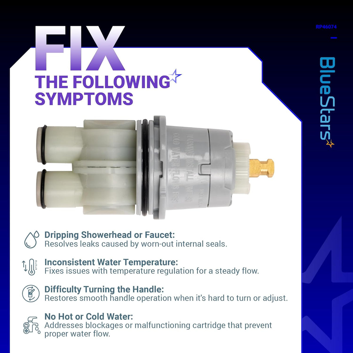 RP46074 shower valve cartridge replacement part shown with symptom troubleshooting guide.