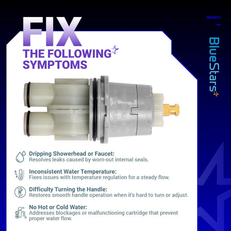 RP46074 shower valve cartridge replacement part shown with symptom troubleshooting guide.