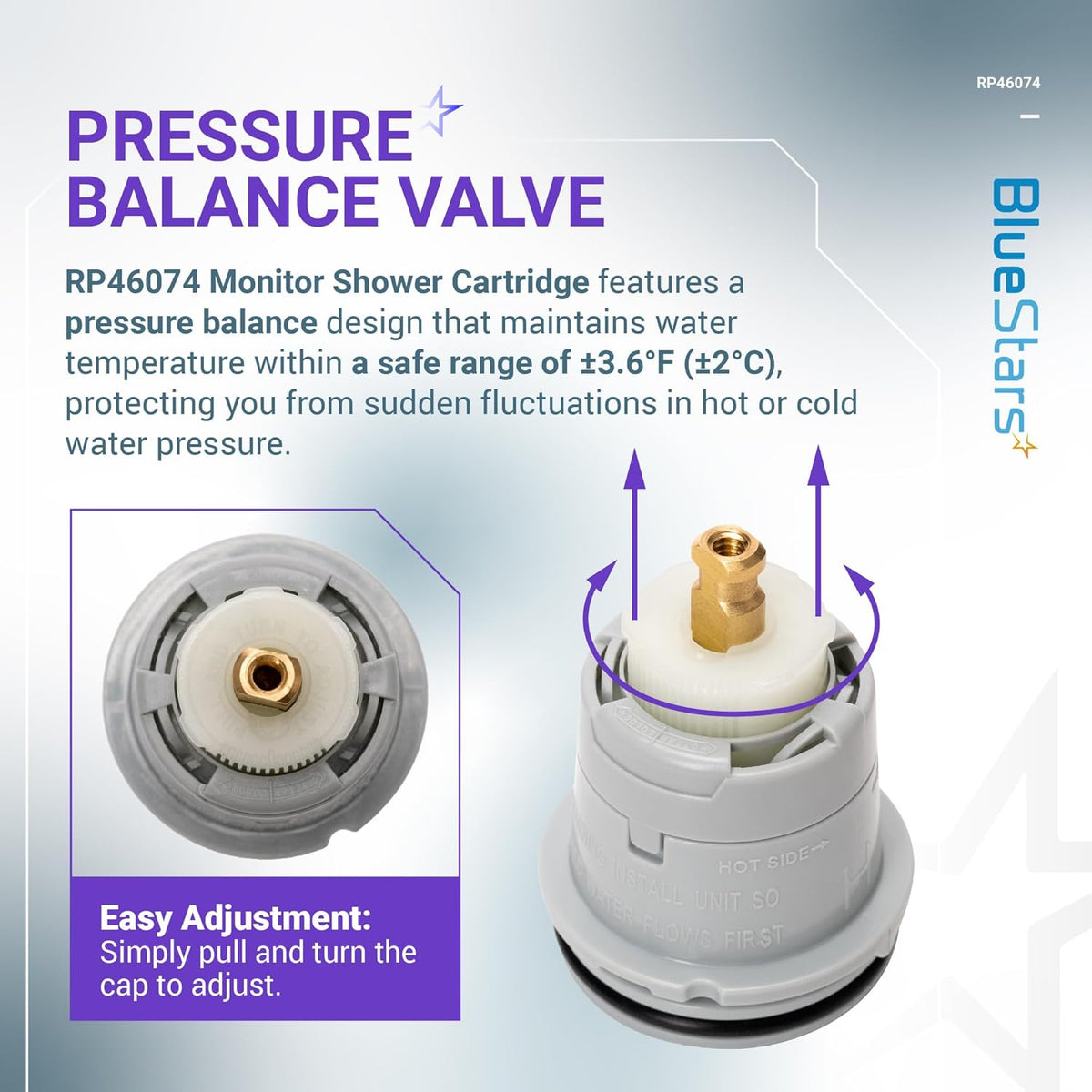 RP46074 shower valve cartridge showing pressure balance design and easy temperature adjustment instructions.