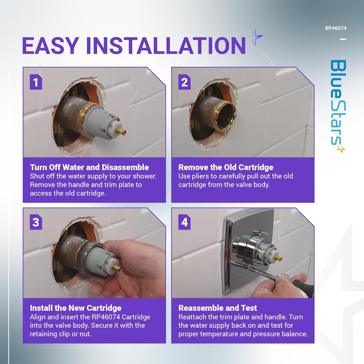 Four-step installation guide for the RP46074 shower valve cartridge showing removal and replacement process.