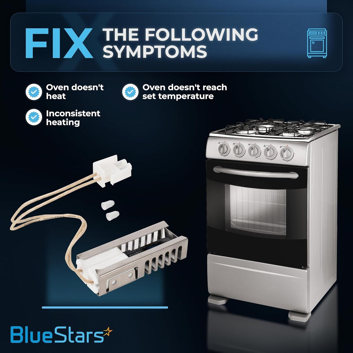 DG94-00520A oven burner igniter for Samsung ranges, showing symptoms fixed and compatible appliance.