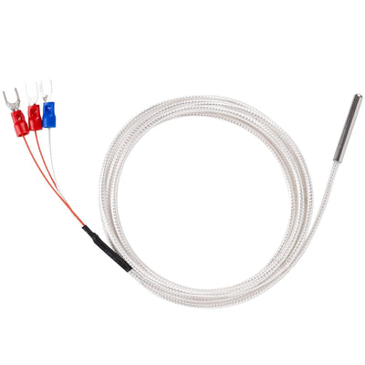 RTD PT100 temperature sensor probe with 3-wire cable and spade terminal connectors.