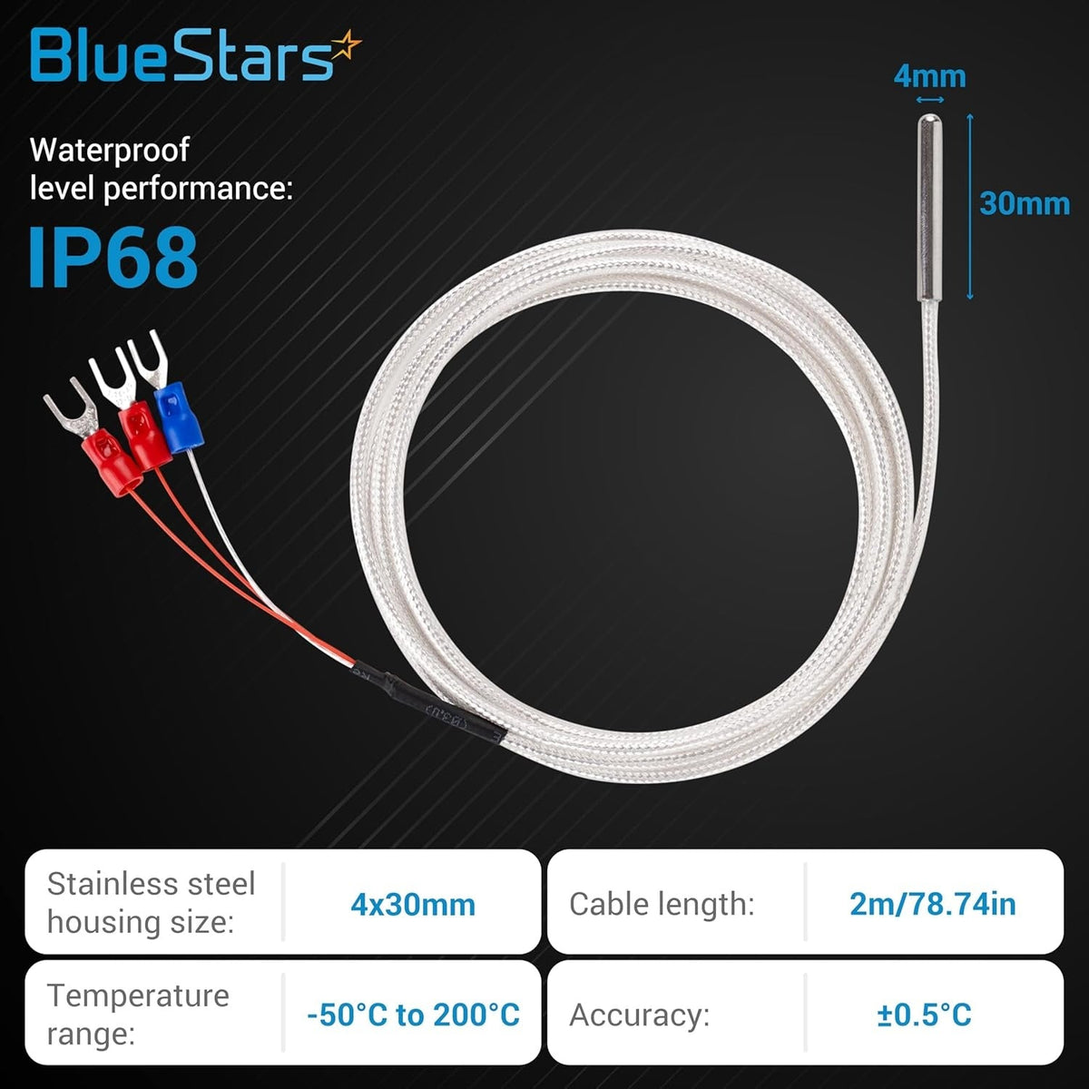RTD PT100 3-wire temperature sensor probe with IP68 waterproof stainless steel housing and 2m cable.